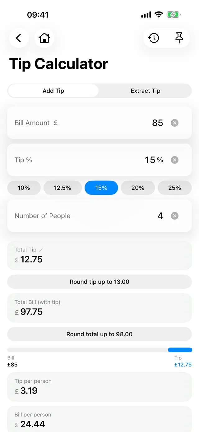 The tip calculator in Kalmaro Calc.