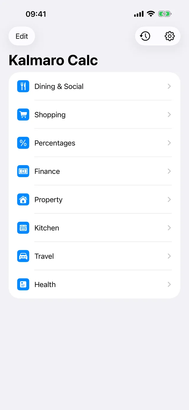 The Kalmaro Calc menu, listing its eight categories of calculator.