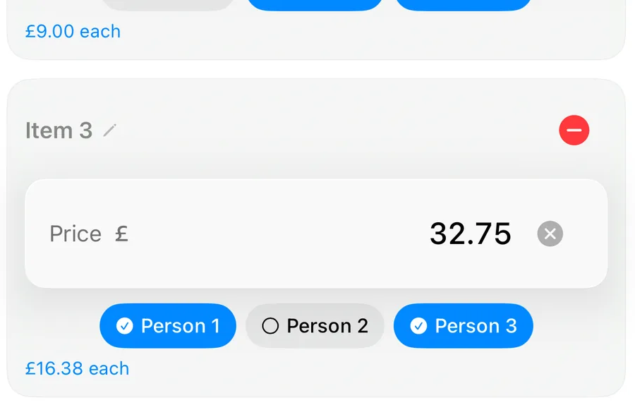 A close-up of one item on a split bill in Kalmaro Calc, priced £32.75, with Person 1 and Person 3 ticked and Person 2 not — £16.38 each.