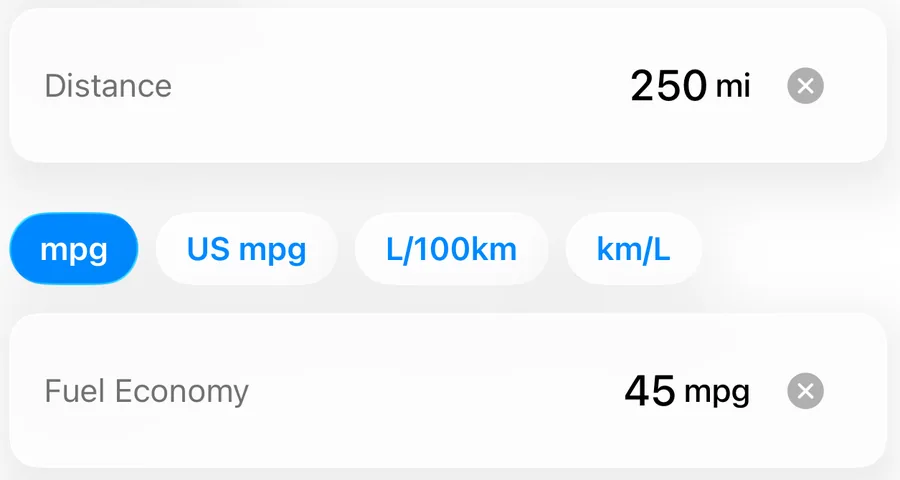 A close-up of the Trip Fuel calculator in Kalmaro Calc: distance in miles, with fuel economy switchable between mpg, US mpg, L/100km and km/L.