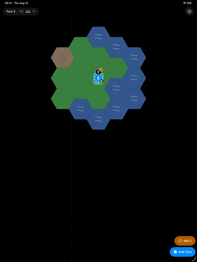 The hex board under fog of war on iPad.
