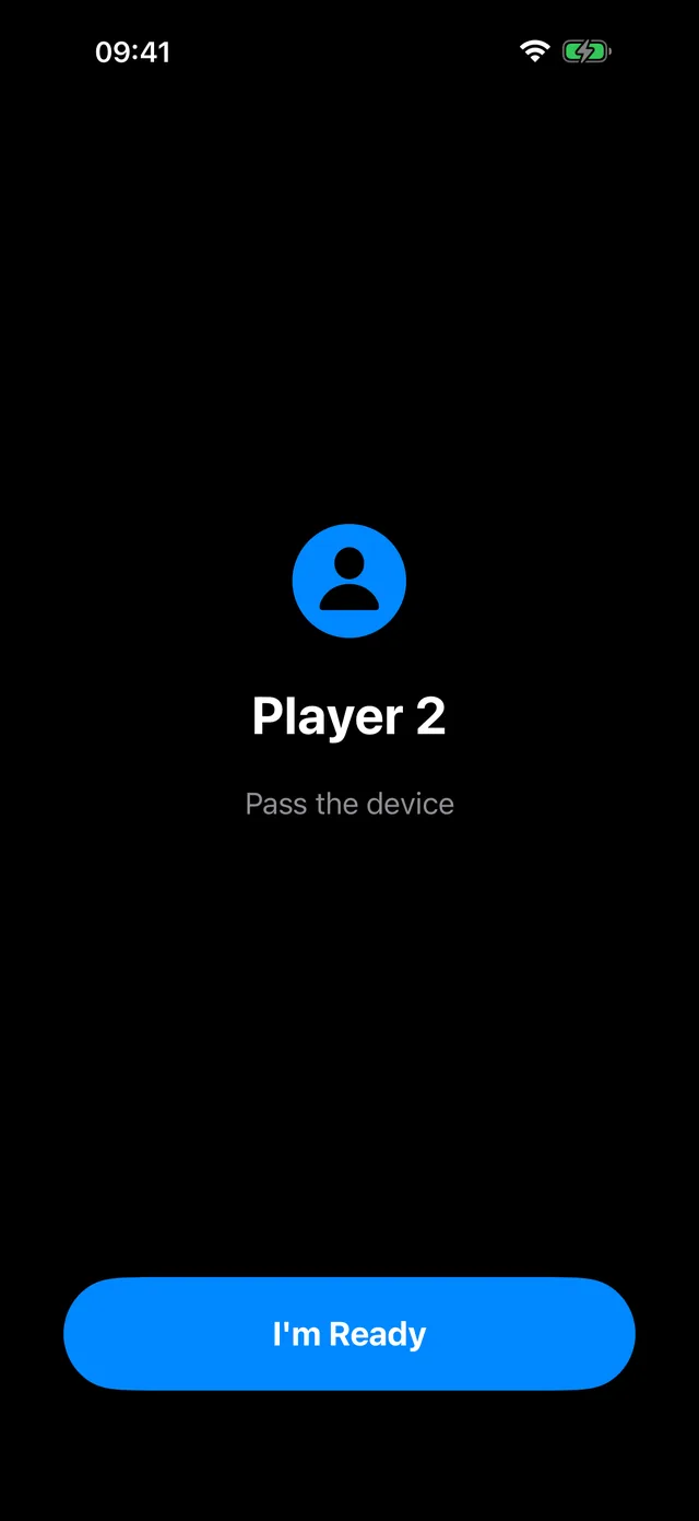 The two-player hot-seat screen in Last Known, asking players to pass the device between turns.
