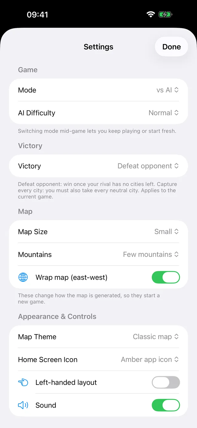 Settings in Last Known: difficulty, win condition, map size and display options.
