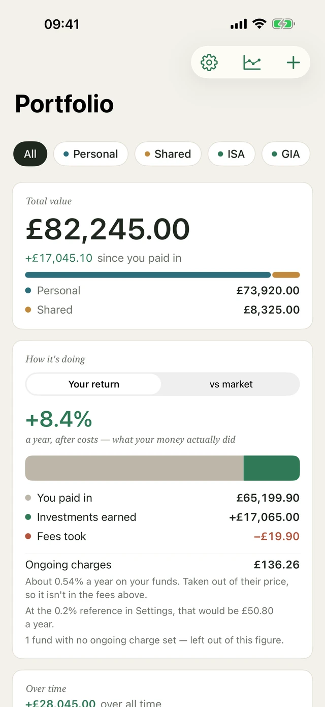 Pondaro’s summary screen: total value, the split between personal and shared holdings, and where the total came from.