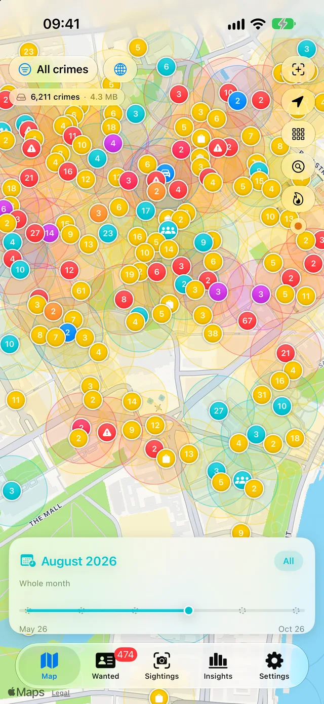 The crime map zoomed into central London, with individual incidents shown as coloured markers by category.