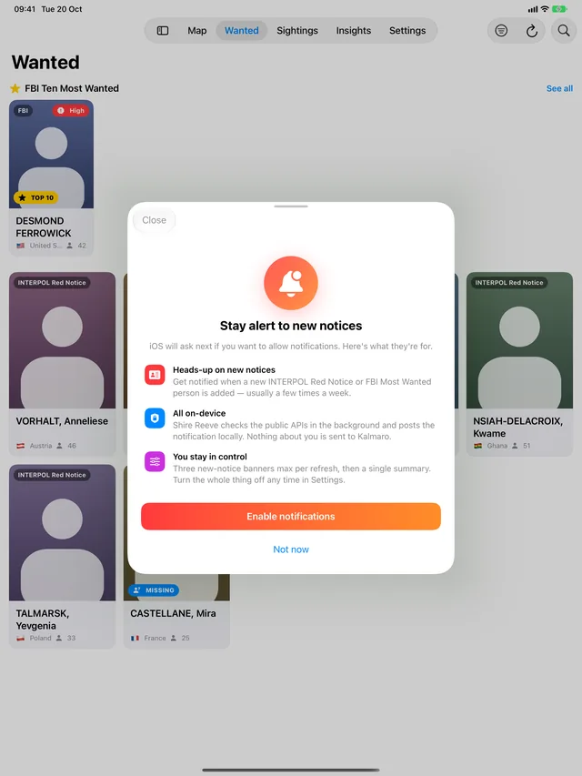 The notifications explainer on iPad, over a Wanted grid of fictional sample notices shown as silhouettes.