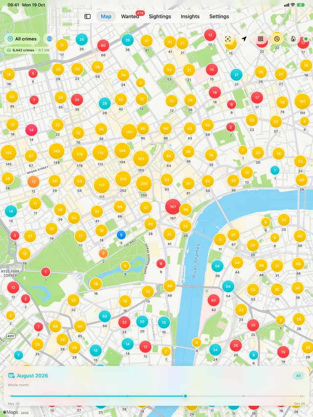 The crime map on iPad, with incidents across central London.
