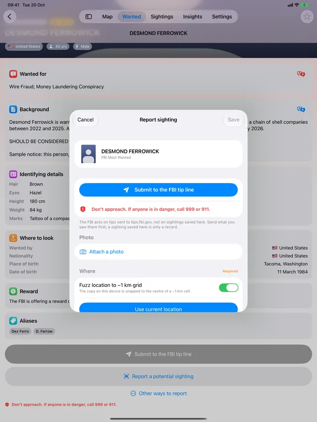 The Report sighting sheet on iPad over a fictional sample notice, with the tip line button first and the location fuzzed to about 1 km.