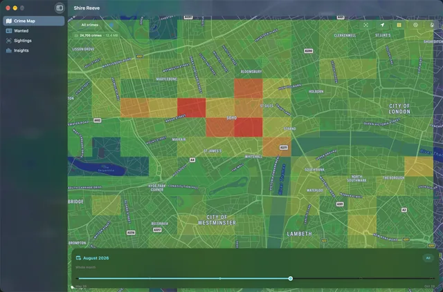 The crime map on Mac, shaded area by area over central London.