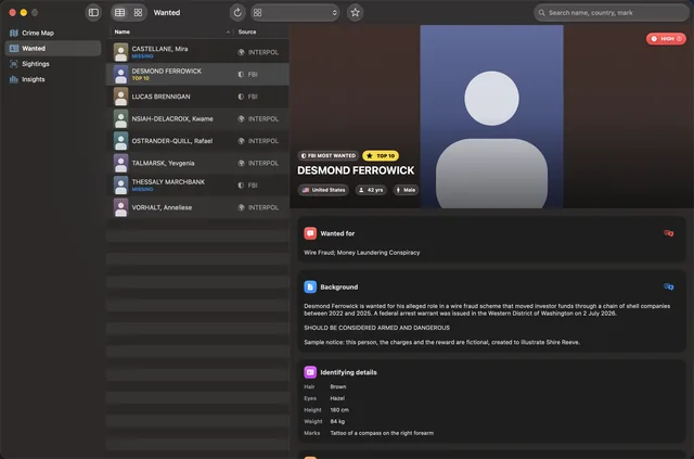 The Wanted browser on Mac: a list of fictional sample notices from INTERPOL and the FBI beside the selected notice, shown with a silhouette.