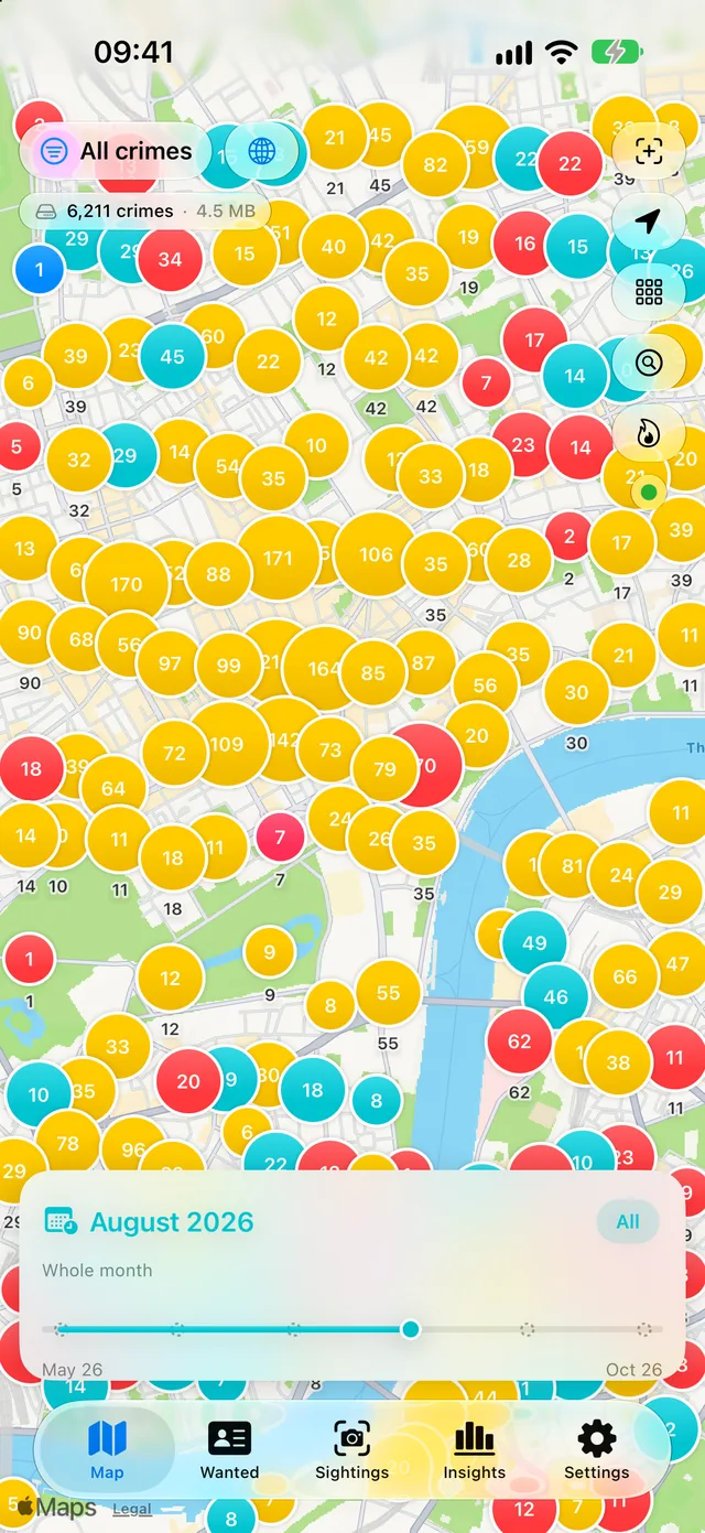 The Shire Reeve crime map over central London, with recorded incidents clustered and counted by area, and a month slider along the bottom.
