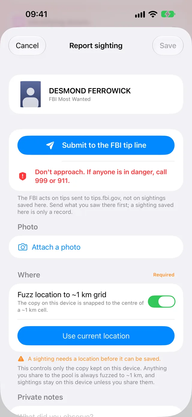 The Report sighting form for a fictional sample notice: the FBI tip line button, a warning not to approach, and a location fuzzed to a roughly 1 km grid.