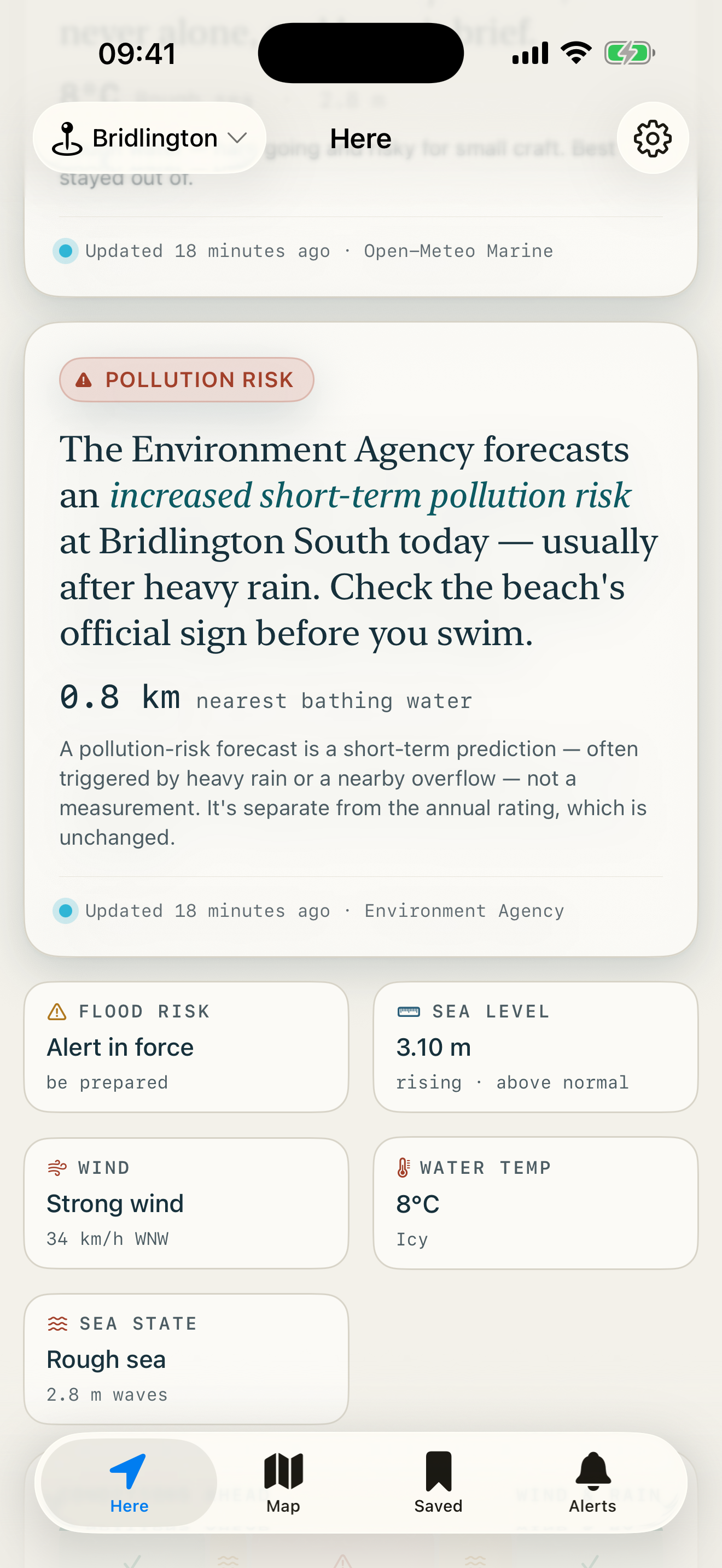 Bathing-water pollution-risk card and the metric grid in Skerry.