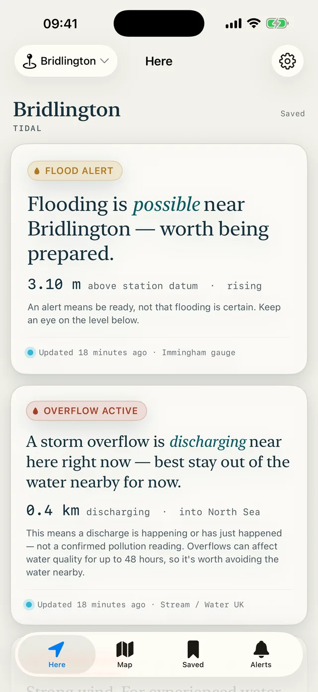 Skerry showing a flood alert and an active storm overflow near Bridlington, each written as a plain sentence.