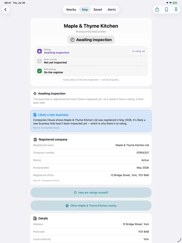 Sample data on iPad: a business registered at Companies House but not yet inspected.